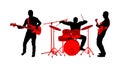 Rock and roll band vector silhouette illustration. Musician play bass guitar and drums on stage. Super star music concert show.