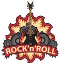 Rock and roll banner with guitar, speaker and fire Royalty Free Stock Photo