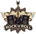 Rock and roll banner with guitar, speakers, wings Royalty Free Stock Photo