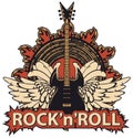 Rock and roll banner with guitar, wings, speaker Royalty Free Stock Photo