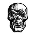 Rock and Roll, Forever Young hand-drawn black and white lettering with skull