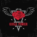 Rock and roll, girls power - grunge typography for t-shirt, women clothes. Fashion print for female apparel with rose and wings. Royalty Free Stock Photo