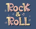 Rock and Roll, hand drawn lettering on a blue background with musical notes. Print, illustration vector Royalty Free Stock Photo