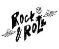 Rock and roll. Hand drawn lettering with scull and wings.