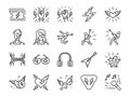 Rock and Roll line icon set. Included the icons as rocker, leather boy, concert, song, musician, heart, guitar and more.
