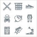 rock and roll line icons. linear set. quality vector line set such as drum, guitar, speaker, pants, heart, skull, shoes, speaker