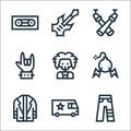 rock and roll line icons. linear set. quality vector line set such as trousers, van, leather jacket, bomb, skull, hand, spotlight