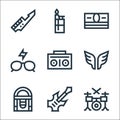 rock and roll line icons. linear set. quality vector line set such as drum set, rock guitar, jukebox, wings, boombox, sunglasses,