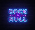 Rock and Roll logo in neon style. Rock Music neon night signboard, design template vector illustration for Rock Festival