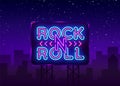 Rock and Roll logo in neon style. Rock Music neon night signboard, design template vector illustration for Rock Festival Royalty Free Stock Photo