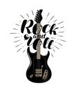 Rock and Roll, music concept. Guitar typographic design. Lettering vector illustration Royalty Free Stock Photo