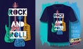 Rock and Roll music lettering slogan retro sketch style electric guitar, bass guitar, piano for t shirt design