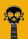 Rock and roll music poster. Guitar riff with skull. Heavy metal lable, tattoo style vector illustration. Royalty Free Stock Photo