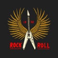 Rock and Roll music symbols with Guitar Wings Skull, Drums Plectrum. labels, logos. Heavy metal templates for design t