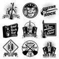 Rock and roll music vector labels. Vintage heavy metal emblems set Royalty Free Stock Photo