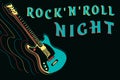 Rock and roll night design with neon guitar, vector illustration on dark background