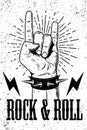 Rock and roll poster template. hand with rock and roll sign on grunge background. Design element for logo, emblem, card
