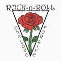 Rock and roll print with rose. Rock music graphic with - one love - for life text. Design for clothes, t-shirt, apparel. Vector. Royalty Free Stock Photo