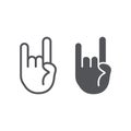 Rock and roll sign line and glyph icon, music and hand, heavy metal gesture sign, vector graphics, a linear pattern on a