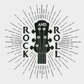 Rock and roll stamp with guitar. Graphic design for clothes, t-shirt, Royalty Free Stock Photo