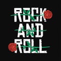 Rock and Roll t-shirt design. Red roses between typography. Vintage rock music style graphic for t-shirt print Royalty Free Stock Photo