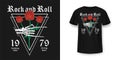 Rock and Roll t-shirt design. Skeleton hand is holding red roses. Vintage rock music style graphic for t-shirt print, slogan t- Royalty Free Stock Photo