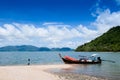 Rock sand beach on small island with local fisherman and boat ne