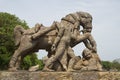 Rock sculpture of horse crushing a soldier during war at Sun Temple, Konark, Orissa, India Royalty Free Stock Photo