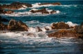 Rock and sea. View of turuoise water and lava rocks beach, atlantic ocean waves. Topical travelling background. Tenerife Royalty Free Stock Photo