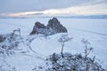 Rock Shamanka. Cape Burhan landscape. Lake Baikal, winter Royalty Free Stock Photo