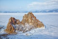 Rock Shamanka on cape Burkhan on Olkhon island in Siberian lake