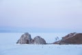 Rock Shamanka. Evening landscape. Lake Baikal, winter Royalty Free Stock Photo