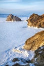 Rock Shamanka on Olkhon island in lake Baikal in winter Royalty Free Stock Photo