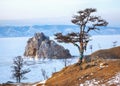 Rock Shamanka on Olkhon island in lake Baikal in winter Royalty Free Stock Photo