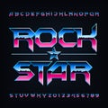 Rock star alphabet font. Metallic beveled letters and numbers.