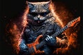 Rock star cat front band guitarist playing guitar on stage llustration generative ai Royalty Free Stock Photo