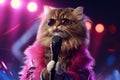 Rock star cat with microphone on stage, neon background Royalty Free Stock Photo