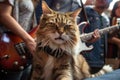 rock-star cat playing guitar while surrounded by groupies and paparazzi