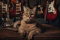 rock star cat sitting on vintage guitar and surrounded by groupies Royalty Free Stock Photo