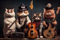 rock star cats posing with their instruments, ready to take the stage.