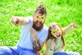 Rock star concept. Family spend leisure outdoors. Child and dad posing with star shaped eyeglases photo booth attribute Royalty Free Stock Photo