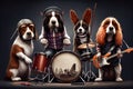 rock star dog band members, including an energetic drummer pup and a basset hound with a signature rock bottom.