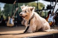 rock star dog practicing guitar onstage at sold-out concert Royalty Free Stock Photo