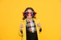 Rock star. Feeling like a superstar. Girl confident cool kid wear star shaped sunglasses. Star concept. Fame and Royalty Free Stock Photo