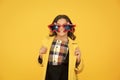Rock star. Feeling like a superstar. Girl confident cool kid wear star shaped sunglasses. Star concept. Fame and Royalty Free Stock Photo