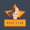 Rock star woman, girl on a background of stars on a dark background, sticker or label, logo, vector illustration