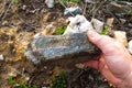 rock stone containing gold. A man's hand and stone