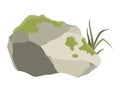 Rock stone formations. Small boulder mountain with grass and moss, big icon with rocky texture, heavy piles