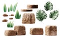 Rock stone and plant set isolated on white background 3d rendering Royalty Free Stock Photo