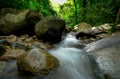 Rock or stone at waterfall. Beautiful waterfall in jungle. Waterfall in tropical forest with green tree and sunlight. Waterfall is Royalty Free Stock Photo